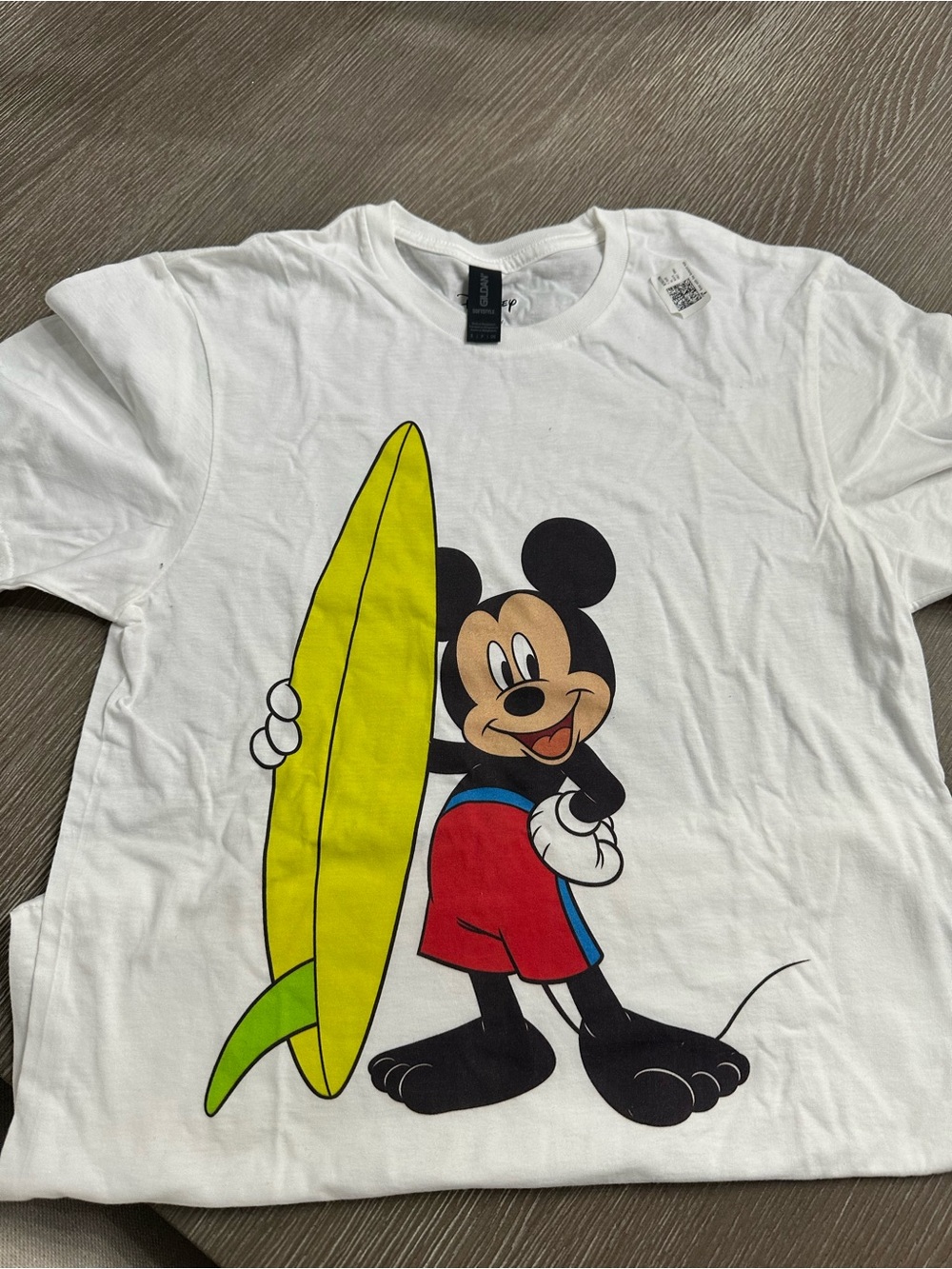 Gildan White Mickey Mouse Surf Tee with Yellow Surfboard